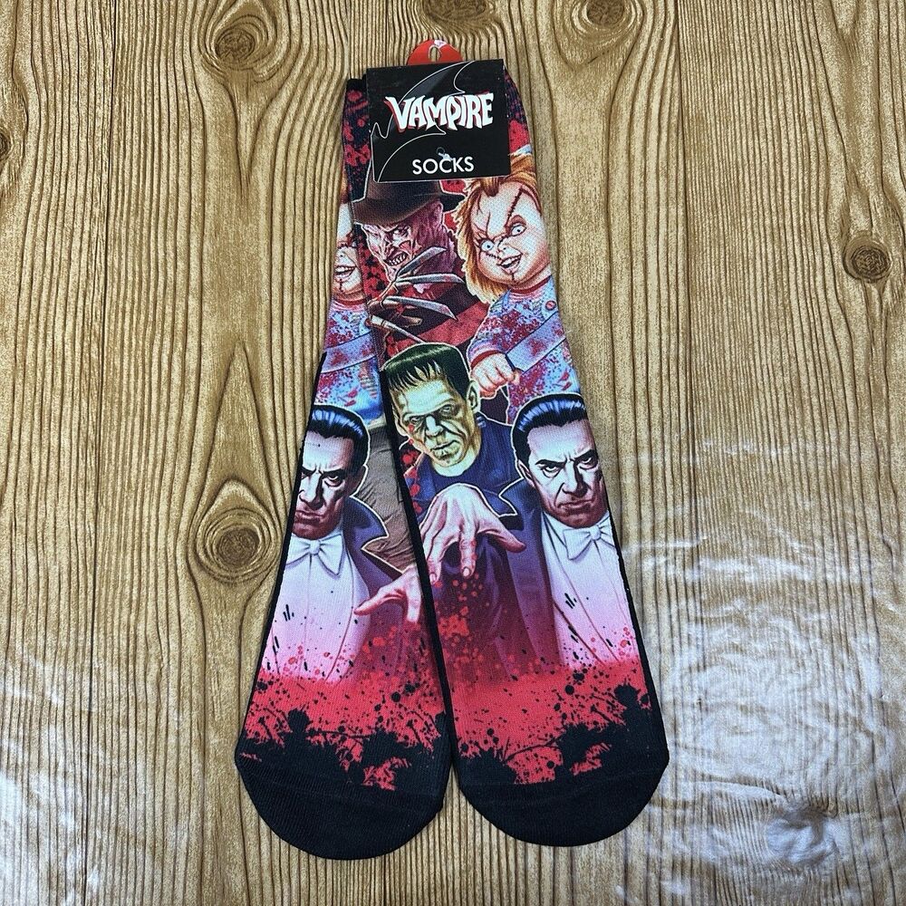 Horror Villains Crew Socks One Size Midcalf Unisex Chucky Freddy Kruger Dracula
